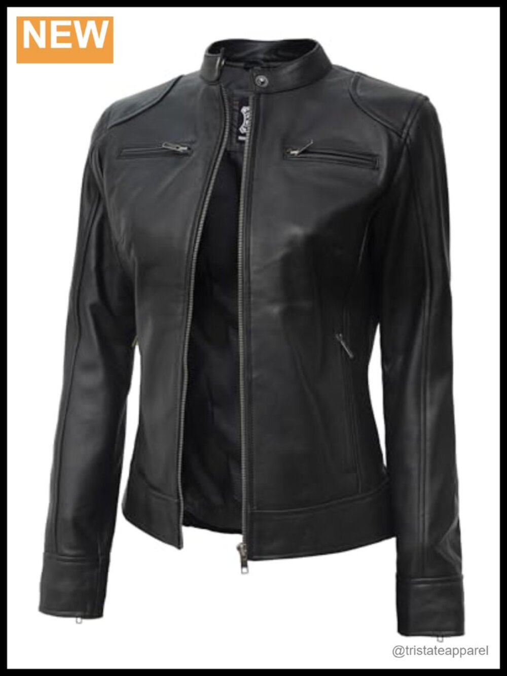 Genuine Lambskin Leather Jacket Cafe Racer Snap-Tab Collar Quilted Women's Moto